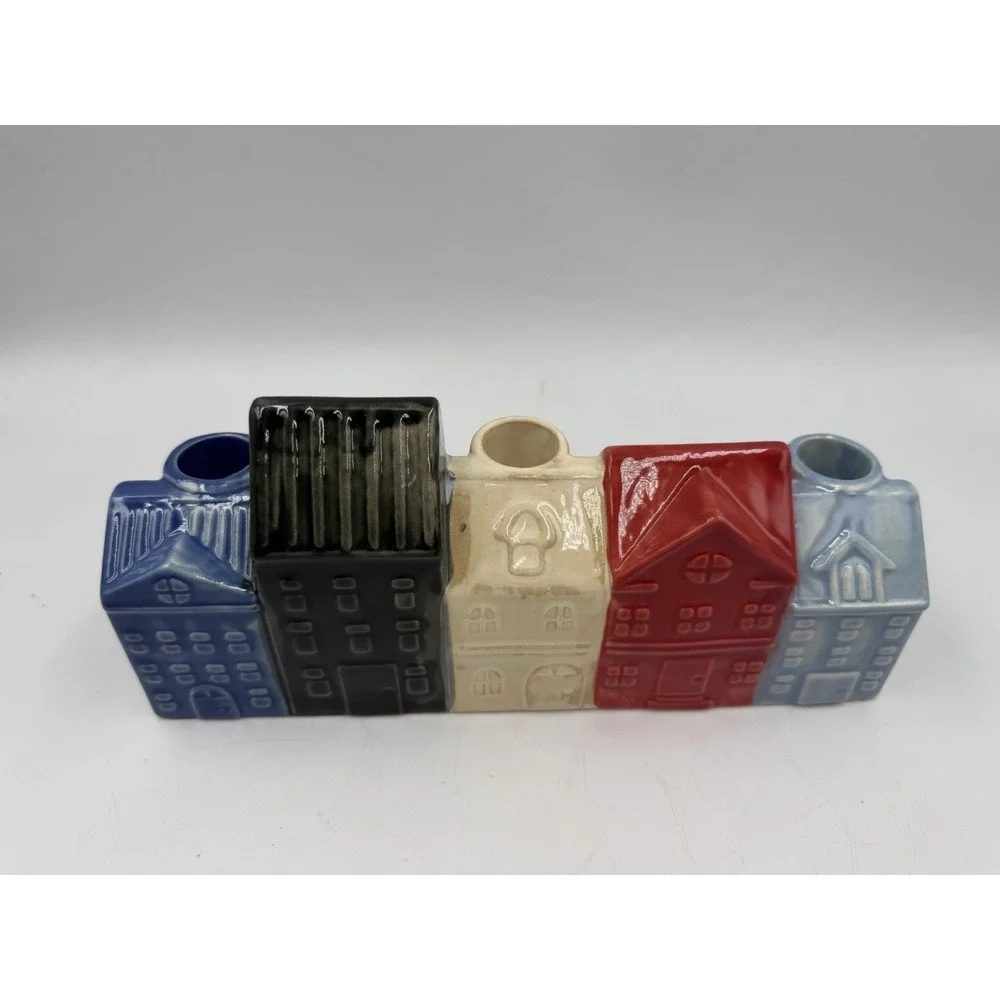 NWT Re White Blue Ceramic Candle Holder Row of Houses 9